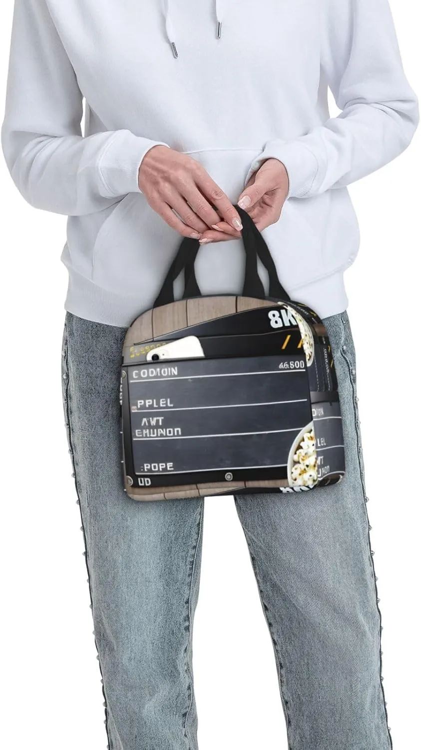 Reusable Insulated Lunch Bag Cooler Tote Box Meal Prep For Men & Women Work Picnic Or Travel,Cinema Movie Clapboard And Popcorn Print