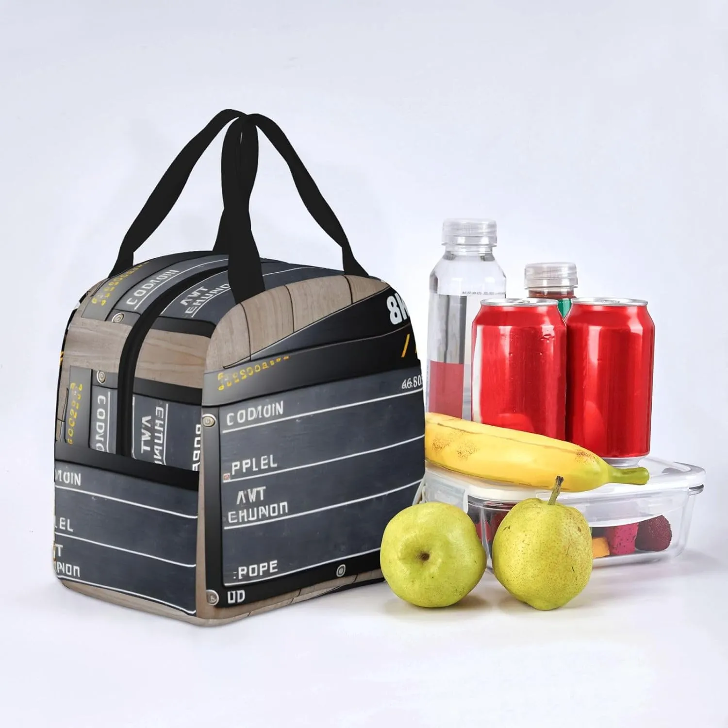 Reusable Insulated Lunch Bag Cooler Tote Box Meal Prep For Men & Women Work Picnic Or Travel,Cinema Movie Clapboard And Popcorn Print