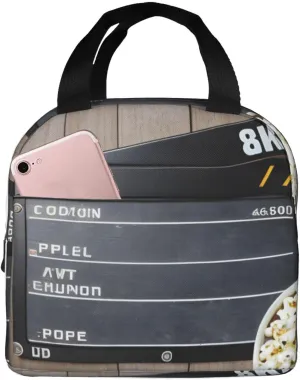Reusable Insulated Lunch Bag Cooler Tote Box Meal Prep For Men & Women Work Picnic Or Travel,Cinema Movie Clapboard And Popcorn Print