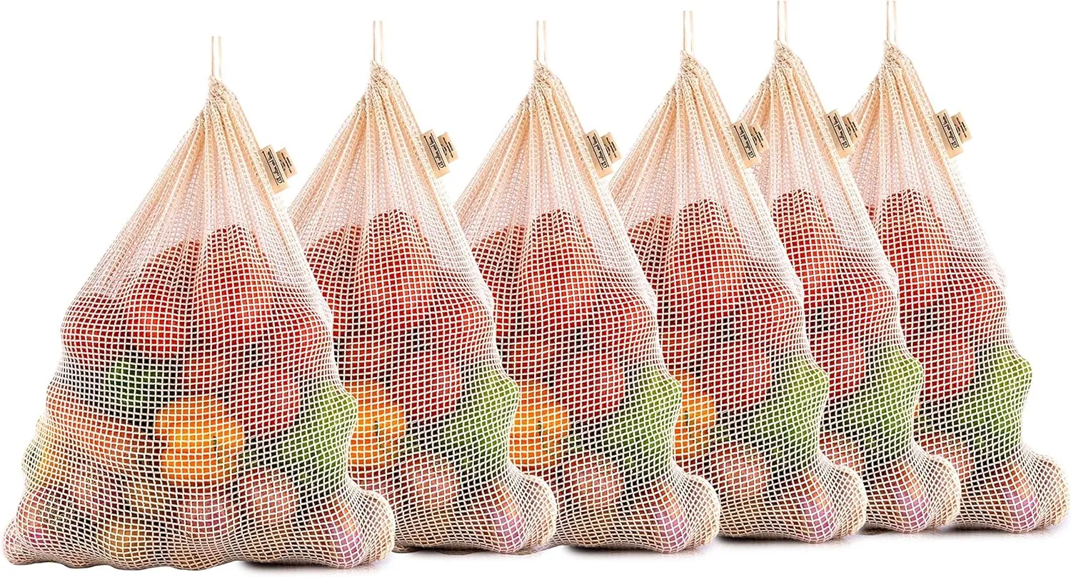 Reusable Produce Bags - 100% Organic Cotton Mesh Grocery Bags, Washable, Mesh Large Storage Tote for Vegetables & Fruits, Cotton Shopping & Hanging Storage Bags (Set of 6, XL)