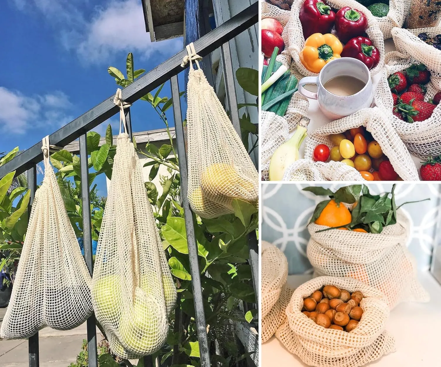 Reusable Produce Bags - 100% Organic Cotton Mesh Grocery Bags, Washable, Mesh Large Storage Tote for Vegetables & Fruits, Cotton Shopping & Hanging Storage Bags (Set of 6, XL)