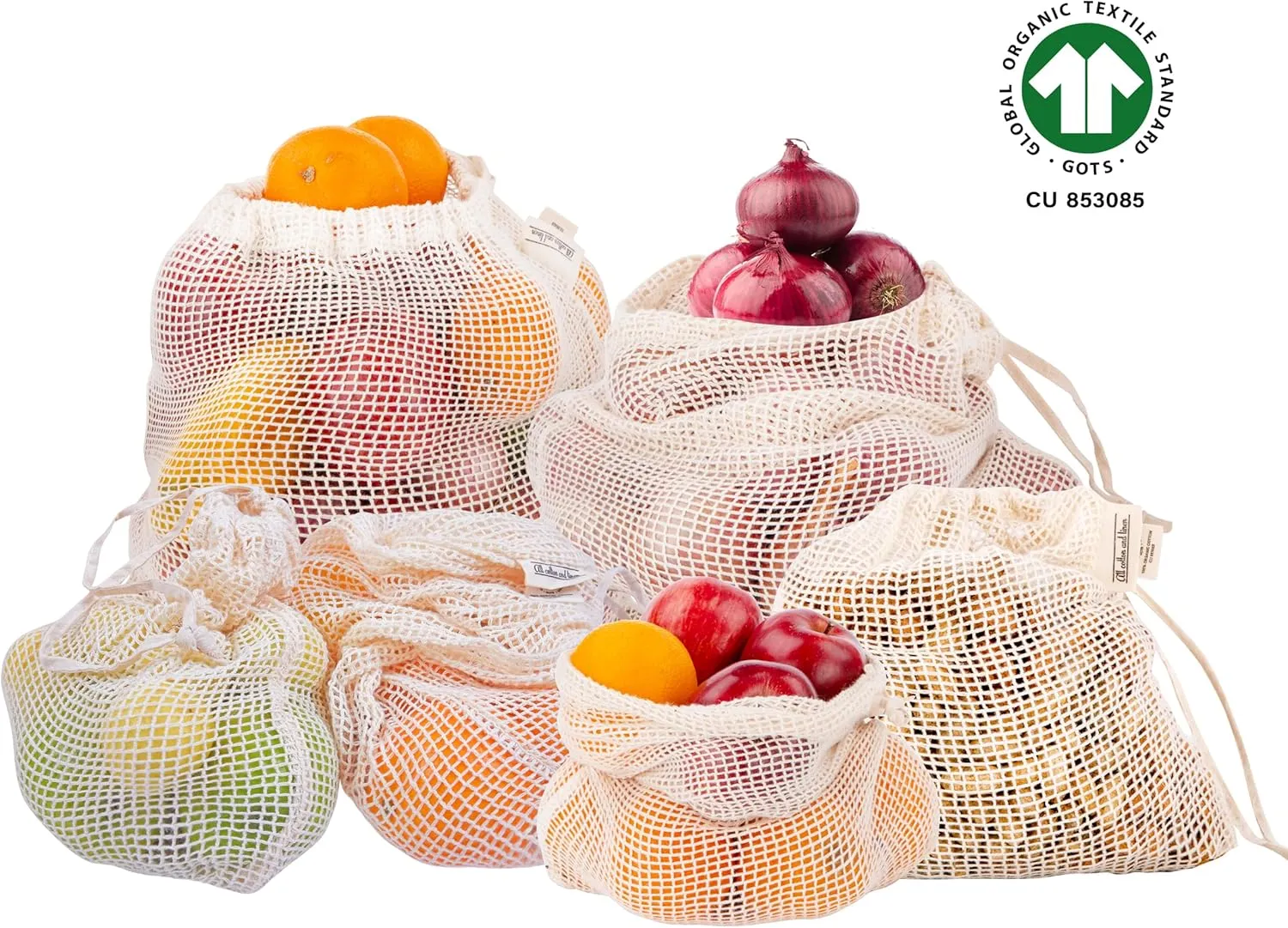 Reusable Produce Bags - 100% Organic Cotton Mesh Grocery Bags, Washable, Mesh Large Storage Tote for Vegetables & Fruits, Cotton Shopping & Hanging Storage Bags (Set of 6, XL)