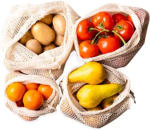 Reusable Produce Bags 6 Pack – 10"x18" Large Cotton Mesh Bags with Drawstring – Natural Storage for Vegetables, Fruit, Onions, Groceries & Shoes