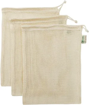 Reusable Produce Shopping and Storage Bags, Drawstring, Washable Organic Cotton Mesh, Medium 3 pack