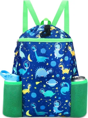 RHCPFOVR Dinosaur Drawstring Backpack for Kids - Drawstring Bags for Girls Swim Bag for Beach Swimming Pool Lightweight Draw String Bags Waterproof Sports Gym Bag With Two Water Bottle Holder