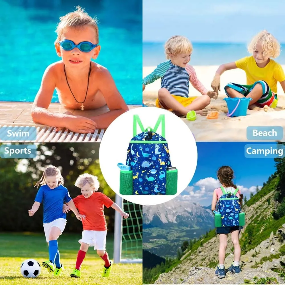 RHCPFOVR Dinosaur Drawstring Backpack for Kids - Drawstring Bags for Girls Swim Bag for Beach Swimming Pool Lightweight Draw String Bags Waterproof Sports Gym Bag With Two Water Bottle Holder