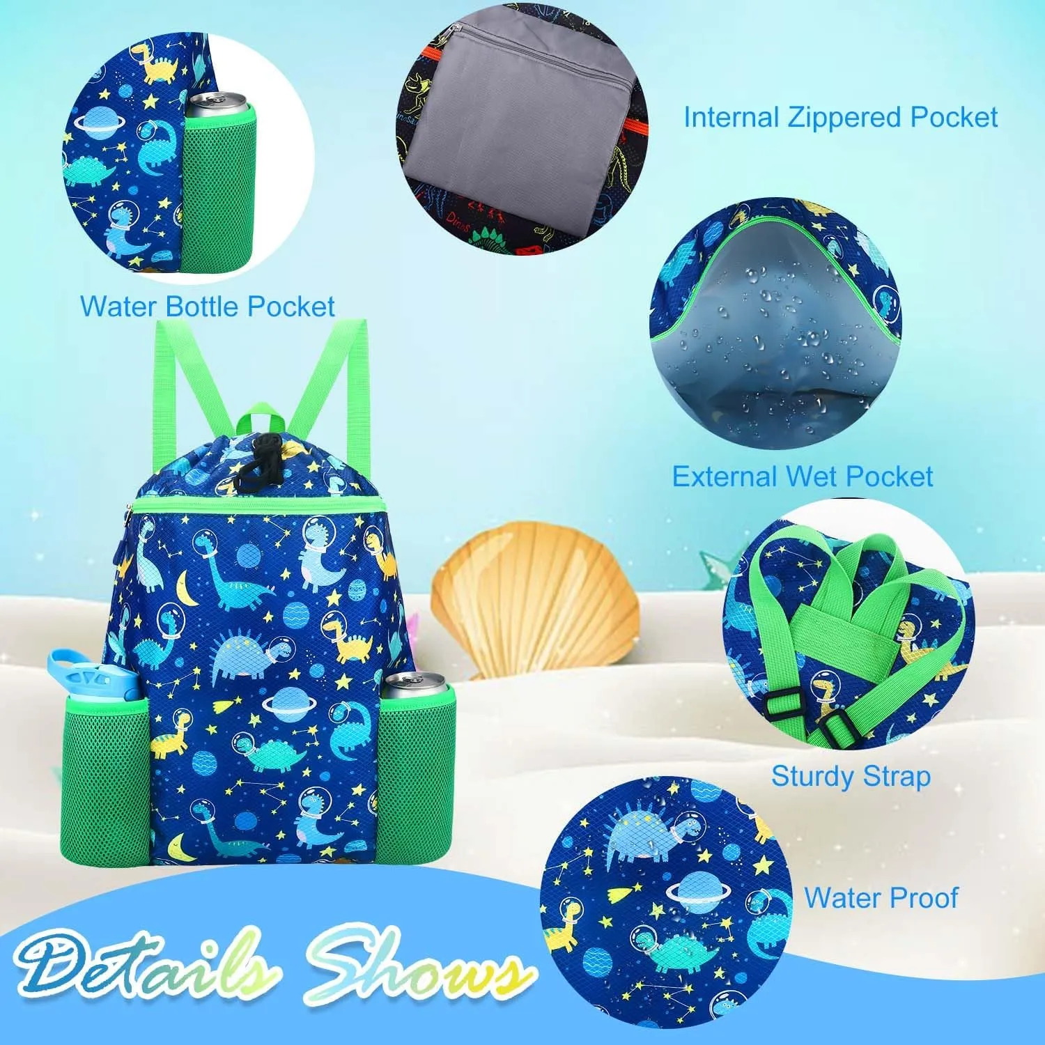 RHCPFOVR Dinosaur Drawstring Backpack for Kids - Drawstring Bags for Girls Swim Bag for Beach Swimming Pool Lightweight Draw String Bags Waterproof Sports Gym Bag With Two Water Bottle Holder