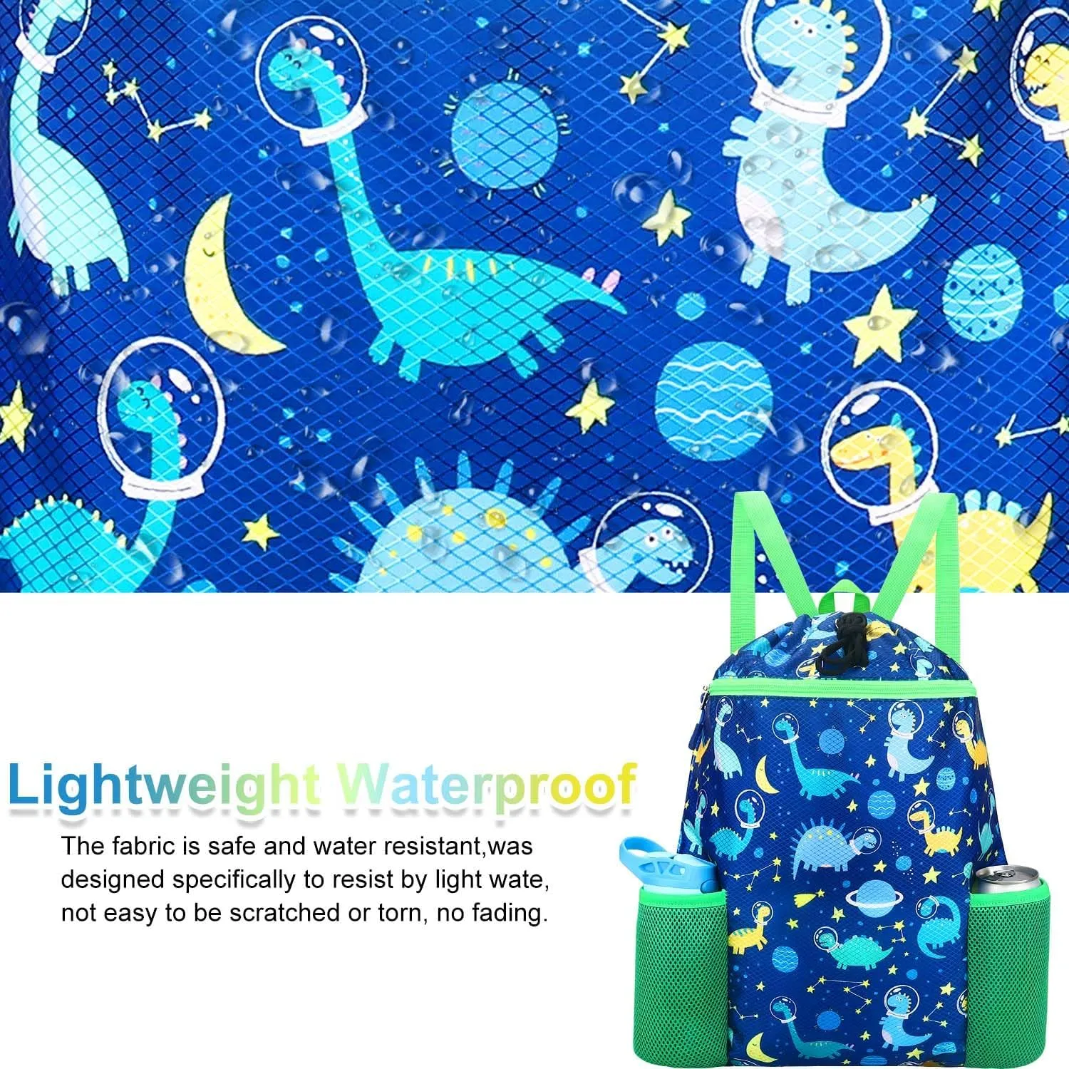 RHCPFOVR Dinosaur Drawstring Backpack for Kids - Drawstring Bags for Girls Swim Bag for Beach Swimming Pool Lightweight Draw String Bags Waterproof Sports Gym Bag With Two Water Bottle Holder