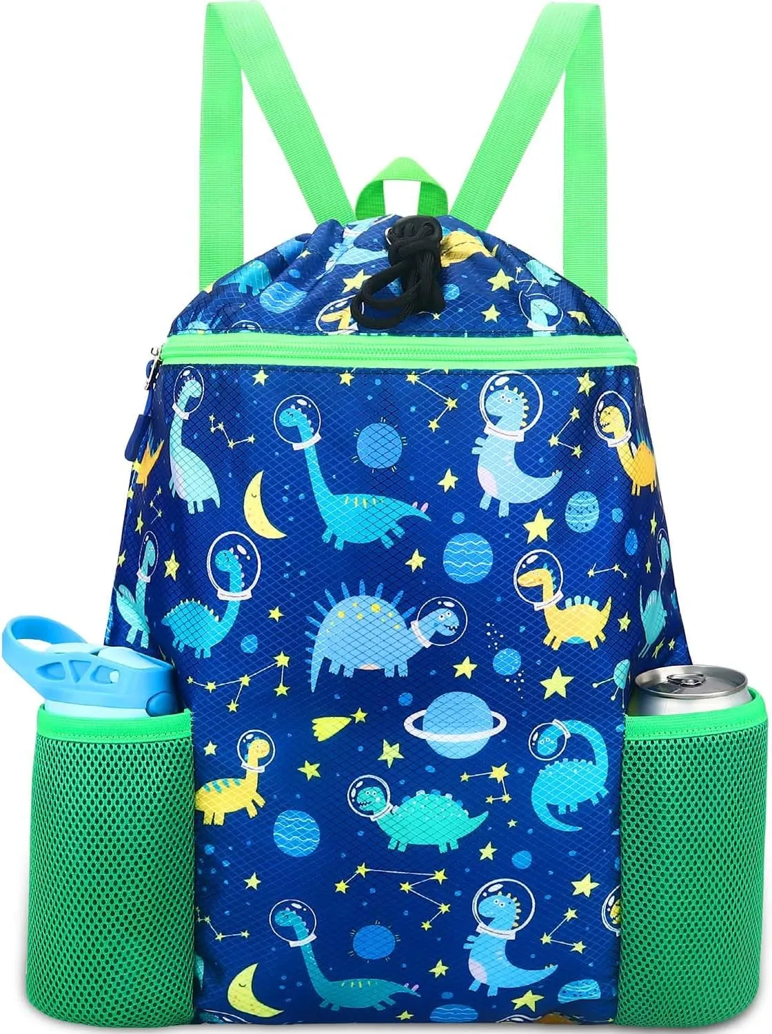 RHCPFOVR Dinosaur Drawstring Backpack for Kids - Drawstring Bags for Girls Swim Bag for Beach Swimming Pool Lightweight Draw String Bags Waterproof Sports Gym Bag With Two Water Bottle Holder