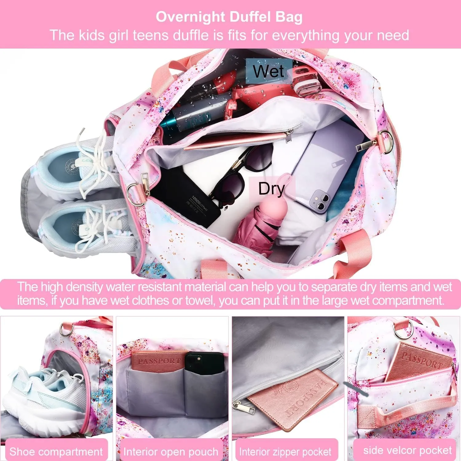 RHCPFOVR Gym Travel Duffle Bag for Girls - Gymnastics Sports Dance Bag with Shoe Compartment & Wet Pocket Panda Kids Travel Bag Teens Weekender Sleepover Carry On Bag