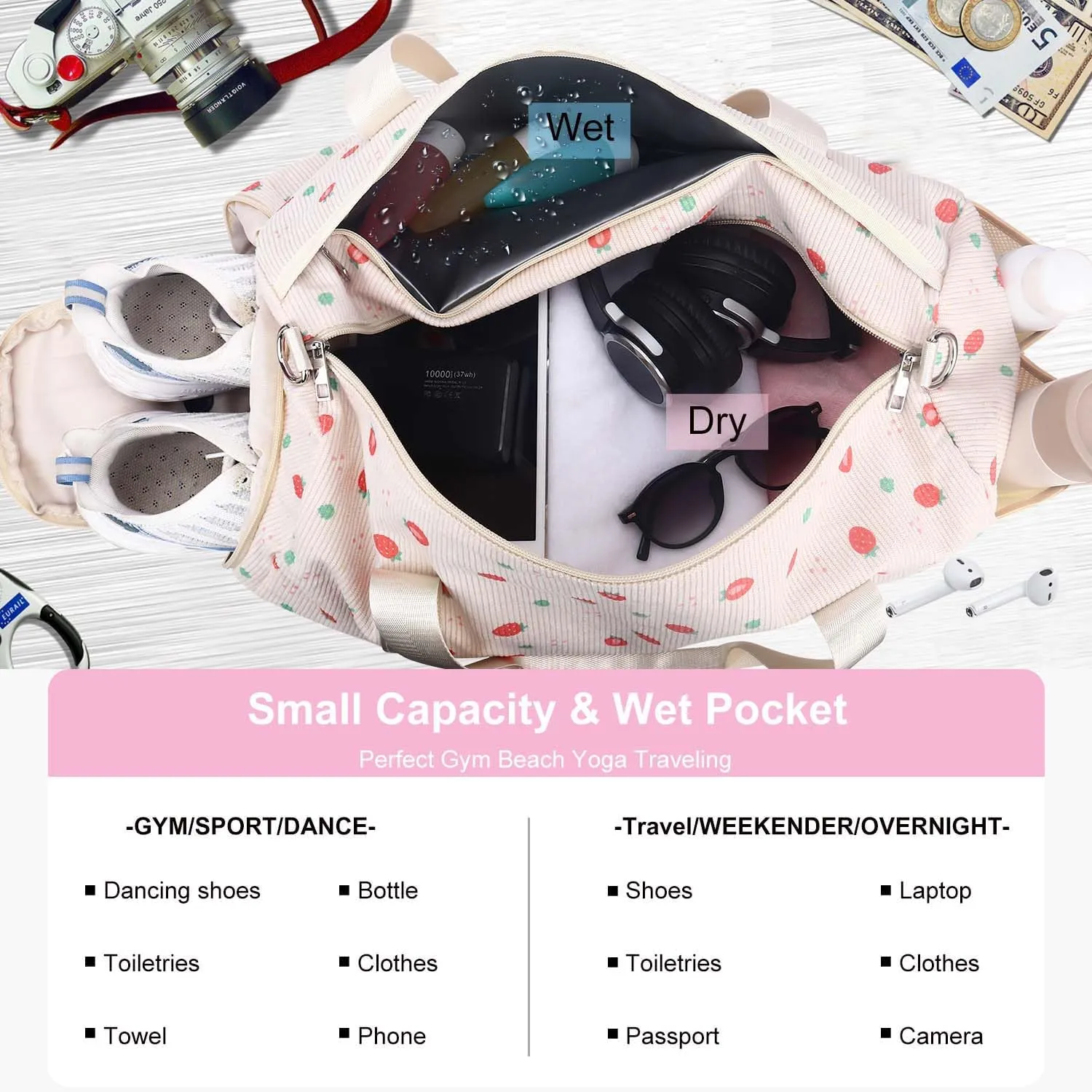 RHCPFOVR Gym Travel Duffle Bag for Girls - Gymnastics Sports Dance Bag with Shoe Compartment & Wet Pocket Panda Kids Travel Bag Teens Weekender Sleepover Carry On Bag