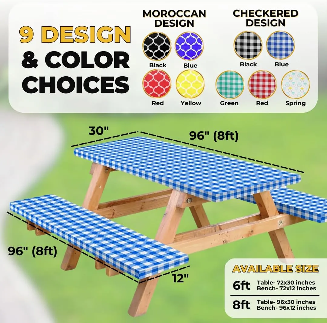 RNOONY Vinyl Fitted Picnic Table Cover with Bench Covers and Bag, Outdoor Waterproof Picnic Tablecloth with Elastic Edges, 96x30 Inches 3 Pcs Set (Blue Checkered)
