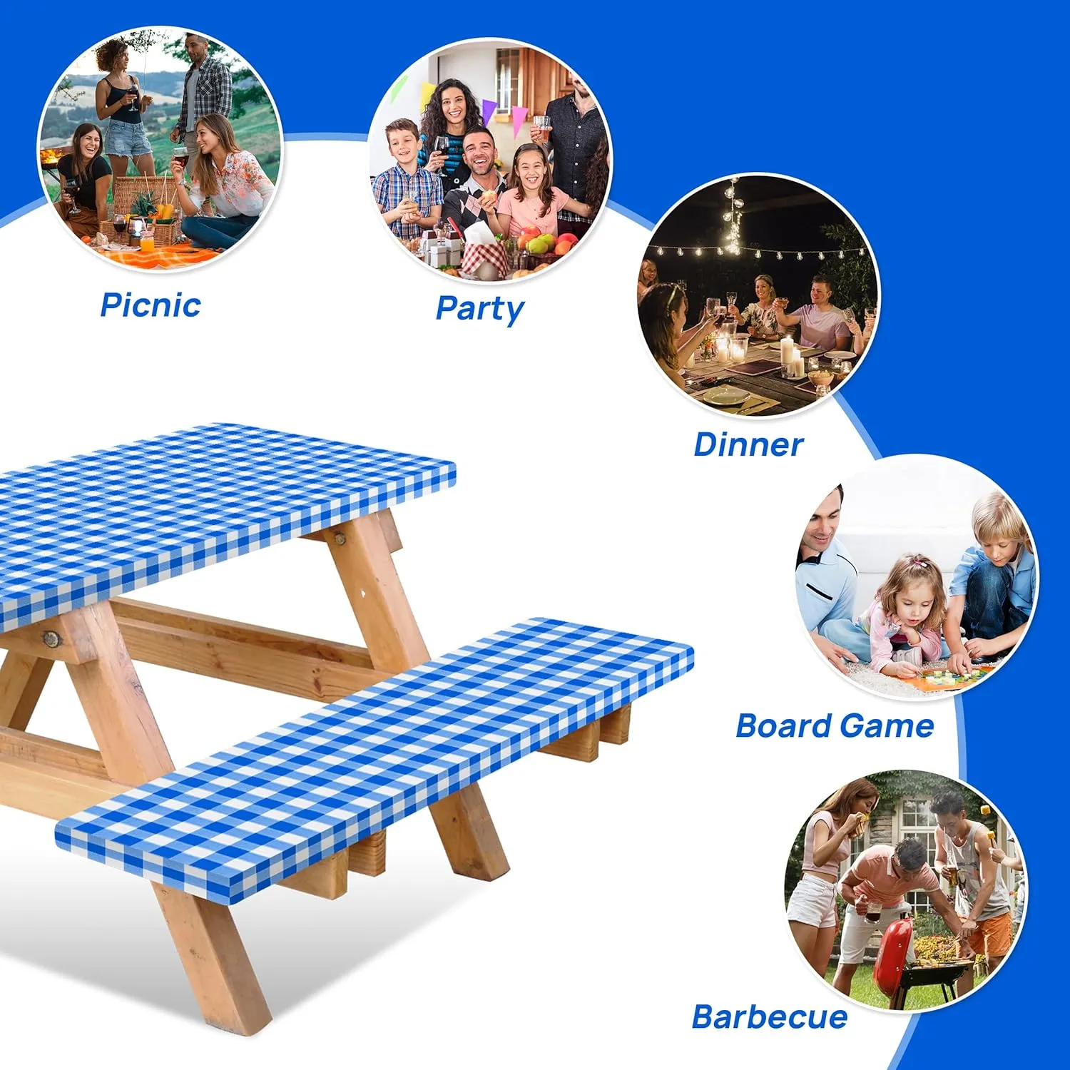 RNOONY Vinyl Fitted Picnic Table Cover with Bench Covers and Bag, Outdoor Waterproof Picnic Tablecloth with Elastic Edges, 96x30 Inches 3 Pcs Set (Blue Checkered)