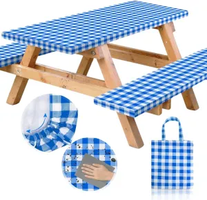 RNOONY Vinyl Fitted Picnic Table Cover with Bench Covers and Bag, Outdoor Waterproof Picnic Tablecloth with Elastic Edges, 96x30 Inches 3 Pcs Set (Blue Checkered)
