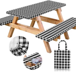 RNOONY Vinyl Fitted Picnic Table Cover with Bench Covers and Bag,8ft Outdoor Waterproof Picnic Tablecloth with Elastic Edges, 96x30 Inches 3 Pcs Set (Black Checkered)