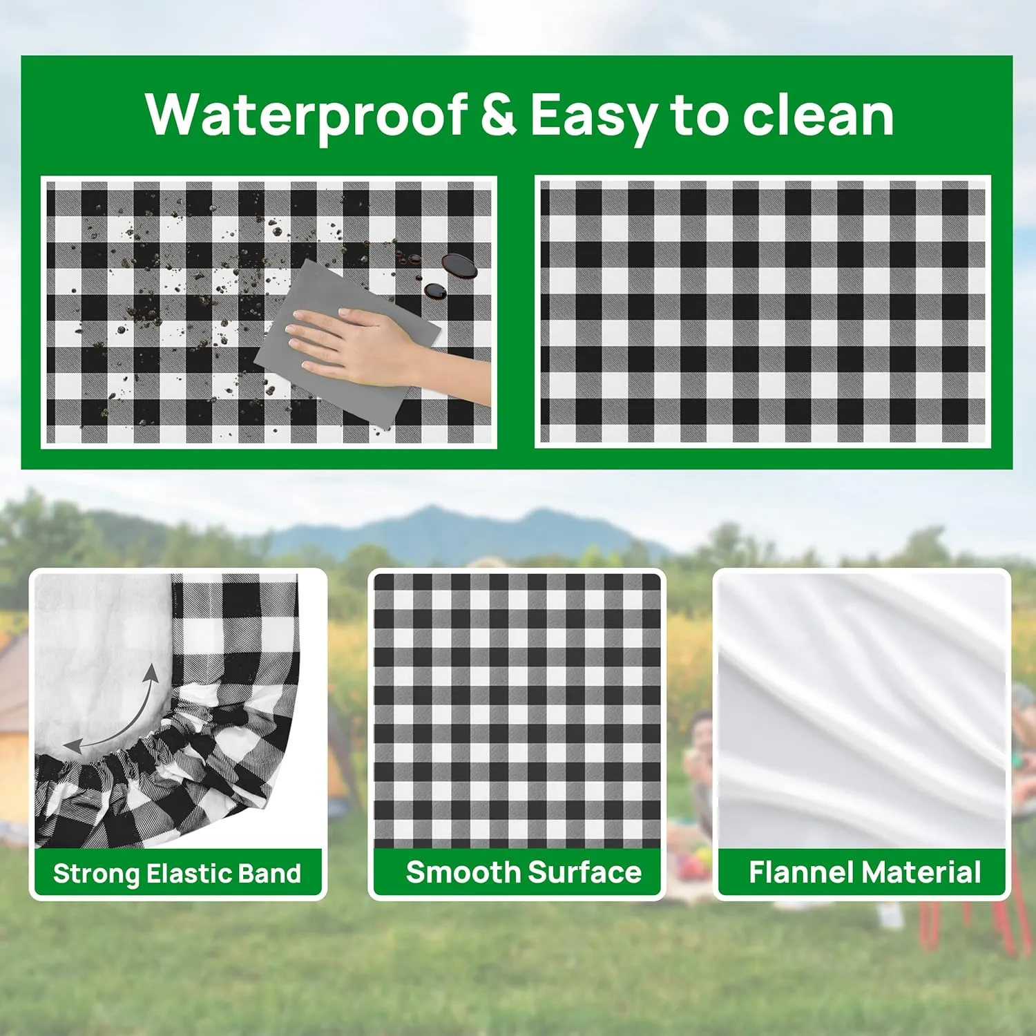 RNOONY Vinyl Fitted Picnic Table Cover with Bench Covers and Bag,8ft Outdoor Waterproof Picnic Tablecloth with Elastic Edges, 96x30 Inches 3 Pcs Set (Black Checkered)