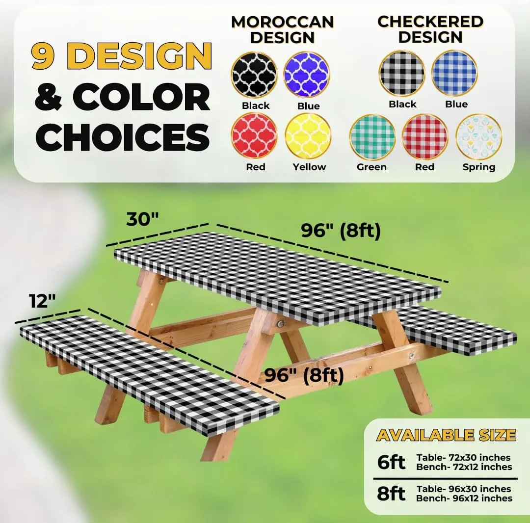 RNOONY Vinyl Fitted Picnic Table Cover with Bench Covers and Bag,8ft Outdoor Waterproof Picnic Tablecloth with Elastic Edges, 96x30 Inches 3 Pcs Set (Black Checkered)