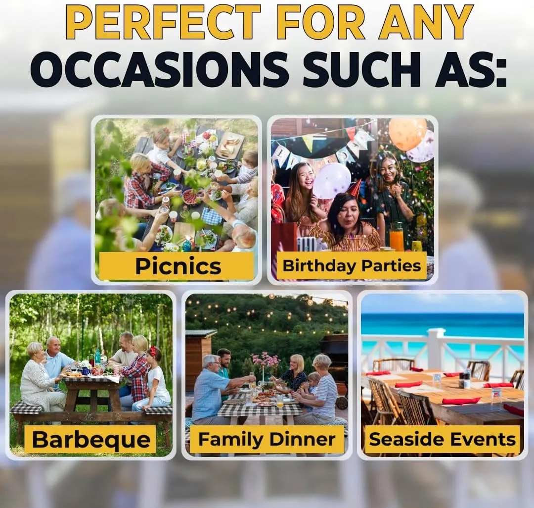 RNOONY Vinyl Fitted Picnic Table Cover with Bench Covers and Bag,8ft Outdoor Waterproof Picnic Tablecloth with Elastic Edges, 96x30 Inches 3 Pcs Set (Black Checkered)
