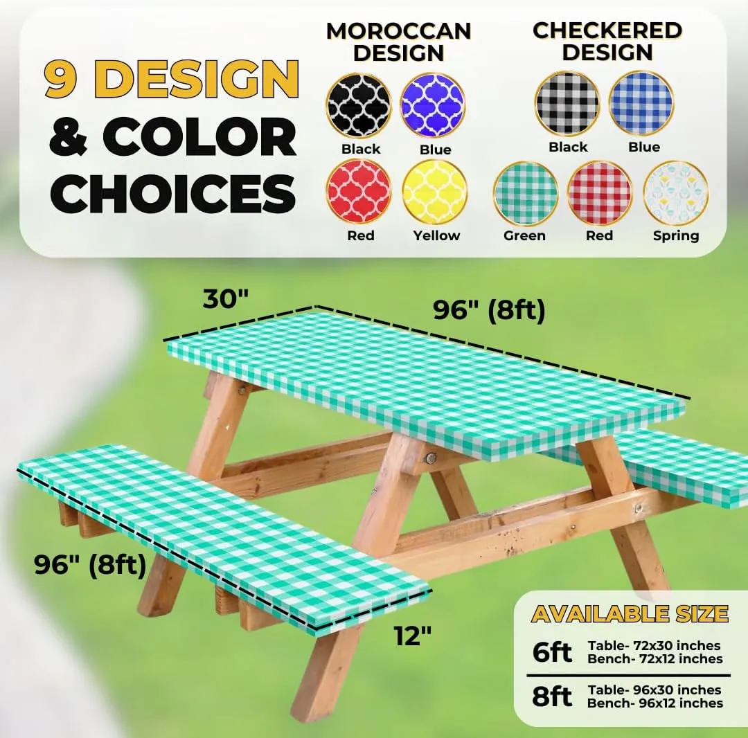 RNOONY Vinyl Fitted Picnic Table Cover with Bench Covers and Bag,8ft Outdoor Waterproof Picnic Tablecloth with Elastic Edges, 96x30 Inches 3 Pcs Set (Green Checkered)