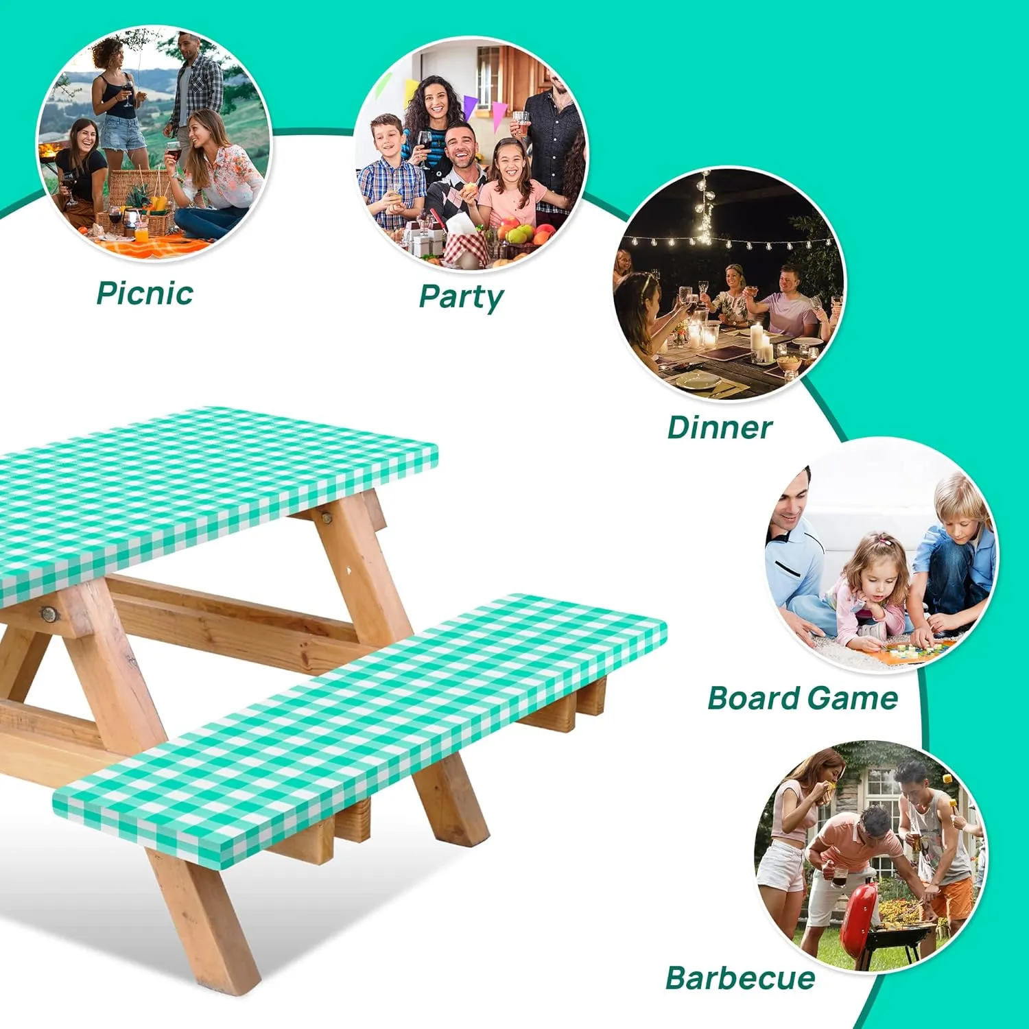 RNOONY Vinyl Fitted Picnic Table Cover with Bench Covers and Bag,8ft Outdoor Waterproof Picnic Tablecloth with Elastic Edges, 96x30 Inches 3 Pcs Set (Green Checkered)