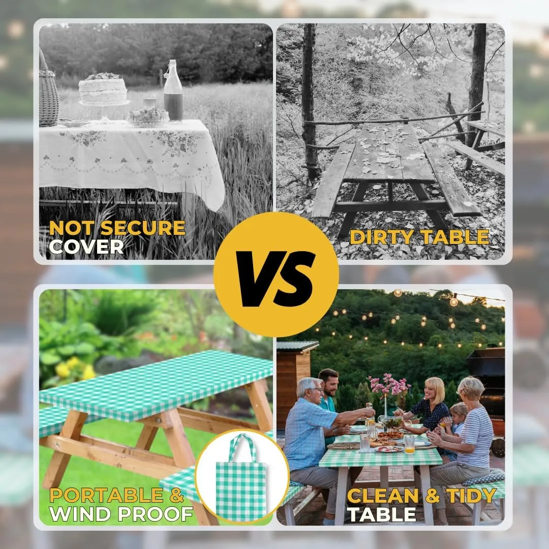 RNOONY Vinyl Fitted Picnic Table Cover with Bench Covers and Bag,8ft Outdoor Waterproof Picnic Tablecloth with Elastic Edges, 96x30 Inches 3 Pcs Set (Green Checkered)