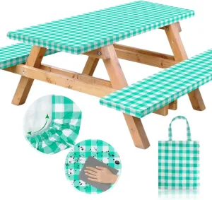 RNOONY Vinyl Fitted Picnic Table Cover with Bench Covers and Bag,8ft Outdoor Waterproof Picnic Tablecloth with Elastic Edges, 96x30 Inches 3 Pcs Set (Green Checkered)