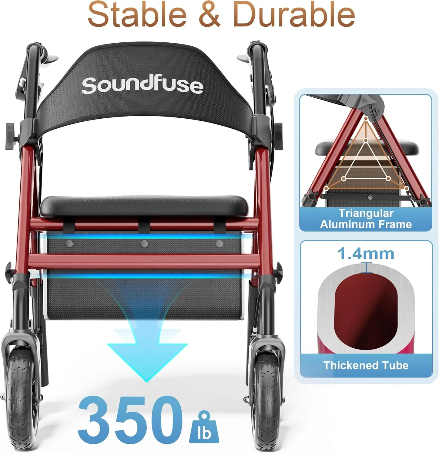 Rollator Walkers for Seniors with Seat, Foldable Lightweight Rolling Walker with 8" Big Rubber Wheels, Ergonomic Seat, Dual Height Adjustment