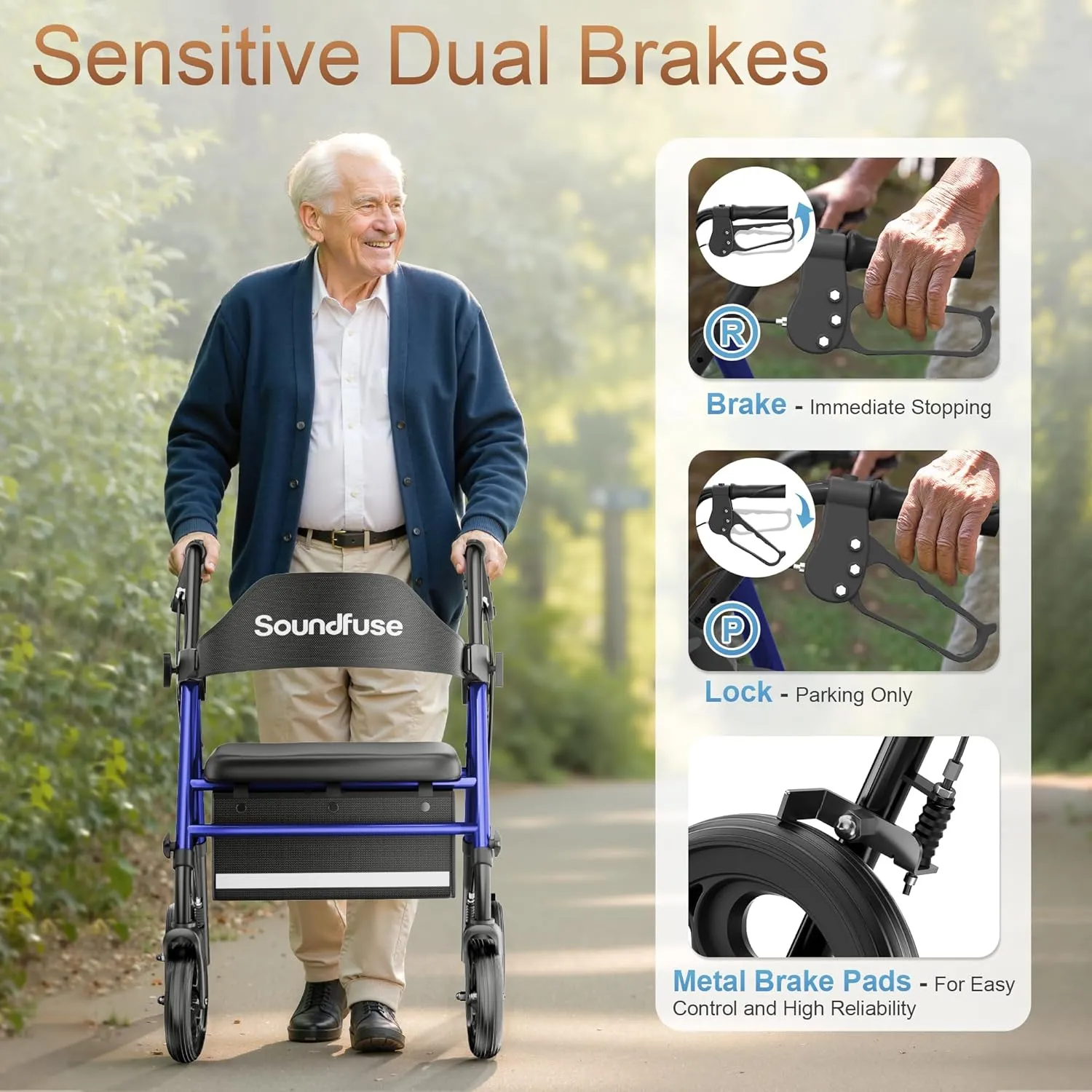 Rollator Walkers with Seat for Seniors, Foldable 8" Big Wheels All Terrain Rolling Walker, Handles and Ergonomic Seat Height Adjustable, 350 lb, FSA HSA Eligible