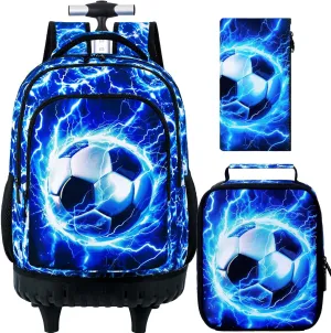 Rolling Backpack for Boys and Mens, 3PCS Roller Bookbag with Lunch Bag for Kids, Wheeled School Bag for Children - Lightning Soccer