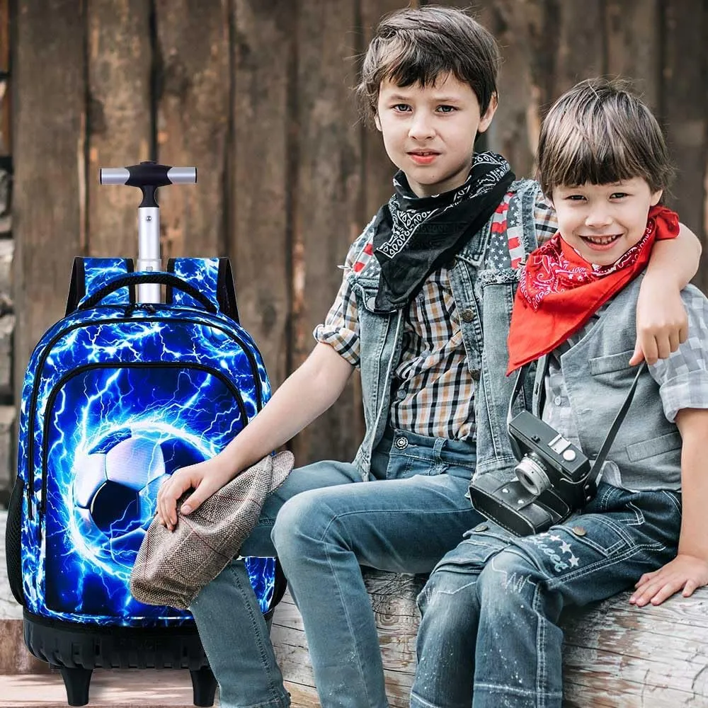 Rolling Backpack for Boys and Mens, 3PCS Roller Bookbag with Lunch Bag for Kids, Wheeled School Bag for Children - Lightning Soccer