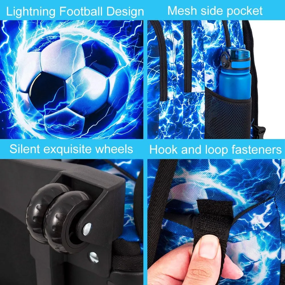 Rolling Backpack for Boys and Mens, 3PCS Roller Bookbag with Lunch Bag for Kids, Wheeled School Bag for Children - Lightning Soccer