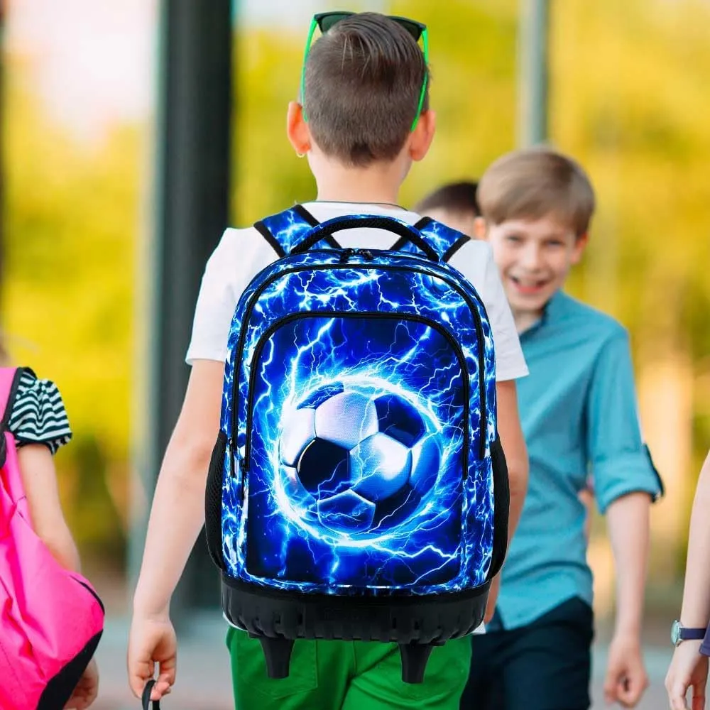 Rolling Backpack for Boys and Mens, 3PCS Roller Bookbag with Lunch Bag for Kids, Wheeled School Bag for Children - Lightning Soccer