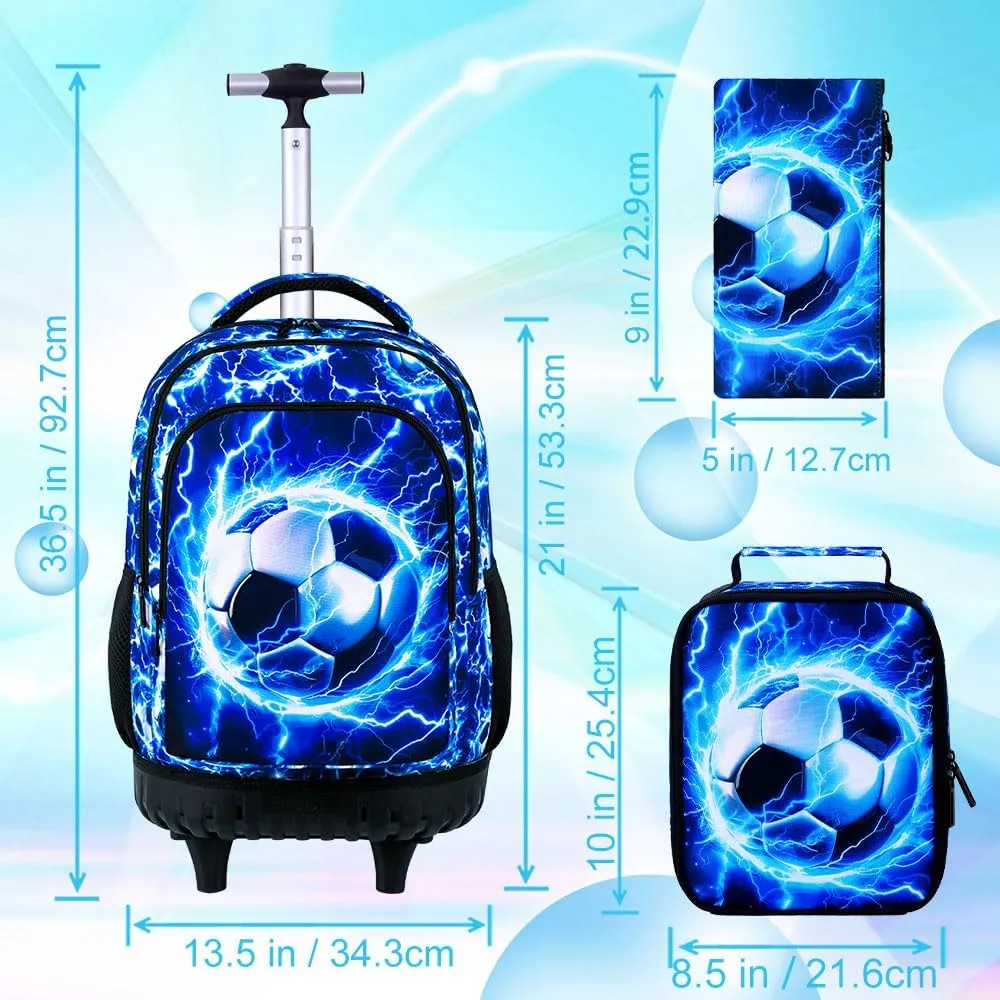 Rolling Backpack for Boys and Mens, 3PCS Roller Bookbag with Lunch Bag for Kids, Wheeled School Bag for Children - Lightning Soccer