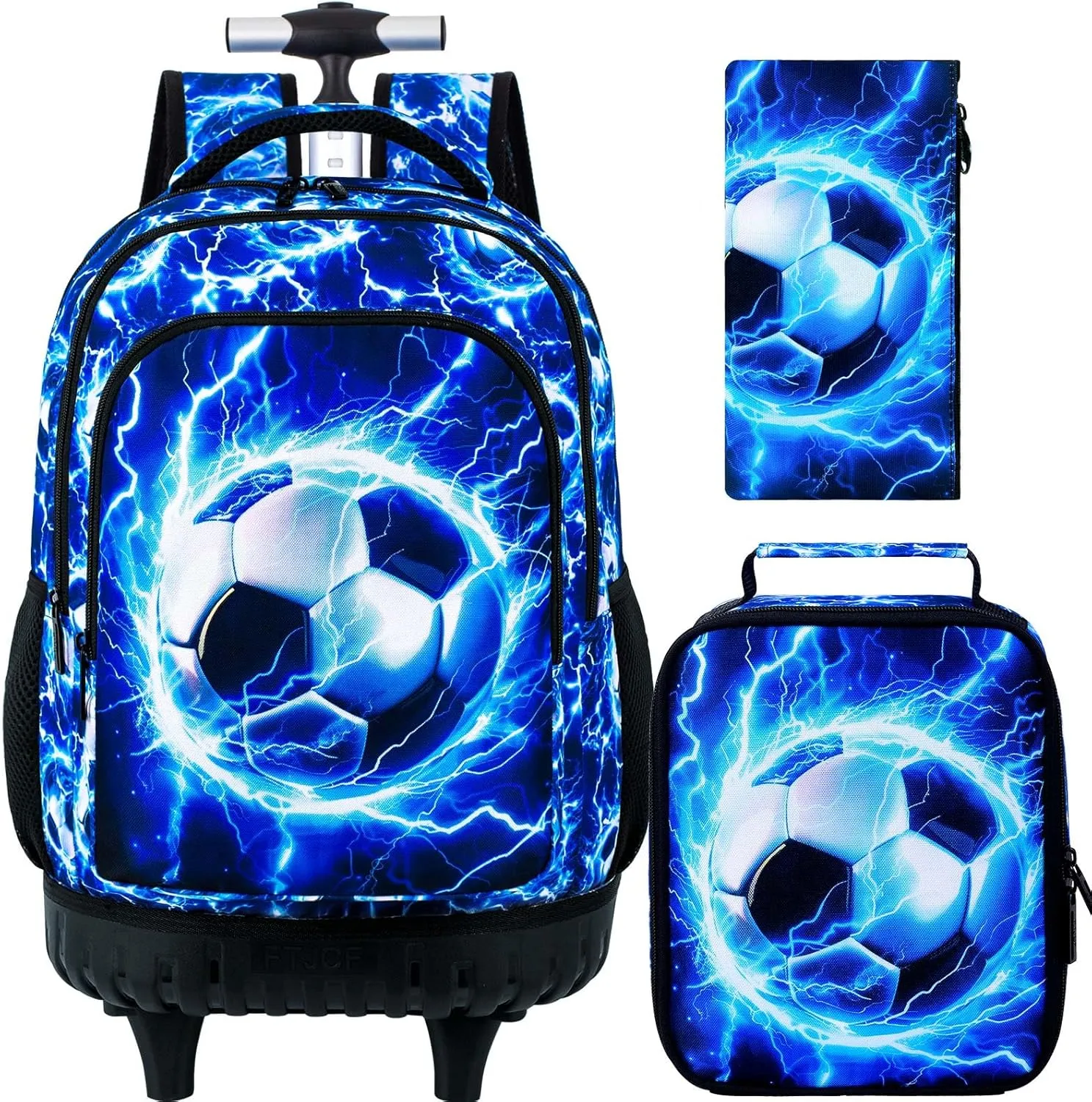 Rolling Backpack for Boys and Mens, 3PCS Roller Bookbag with Lunch Bag for Kids, Wheeled School Bag for Children - Lightning Soccer