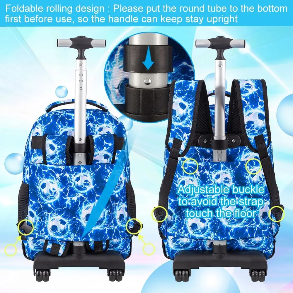Rolling Backpack for Boys and Mens, 3PCS Roller Bookbag with Lunch Bag for Kids, Wheeled School Bag for Children - Lightning Soccer