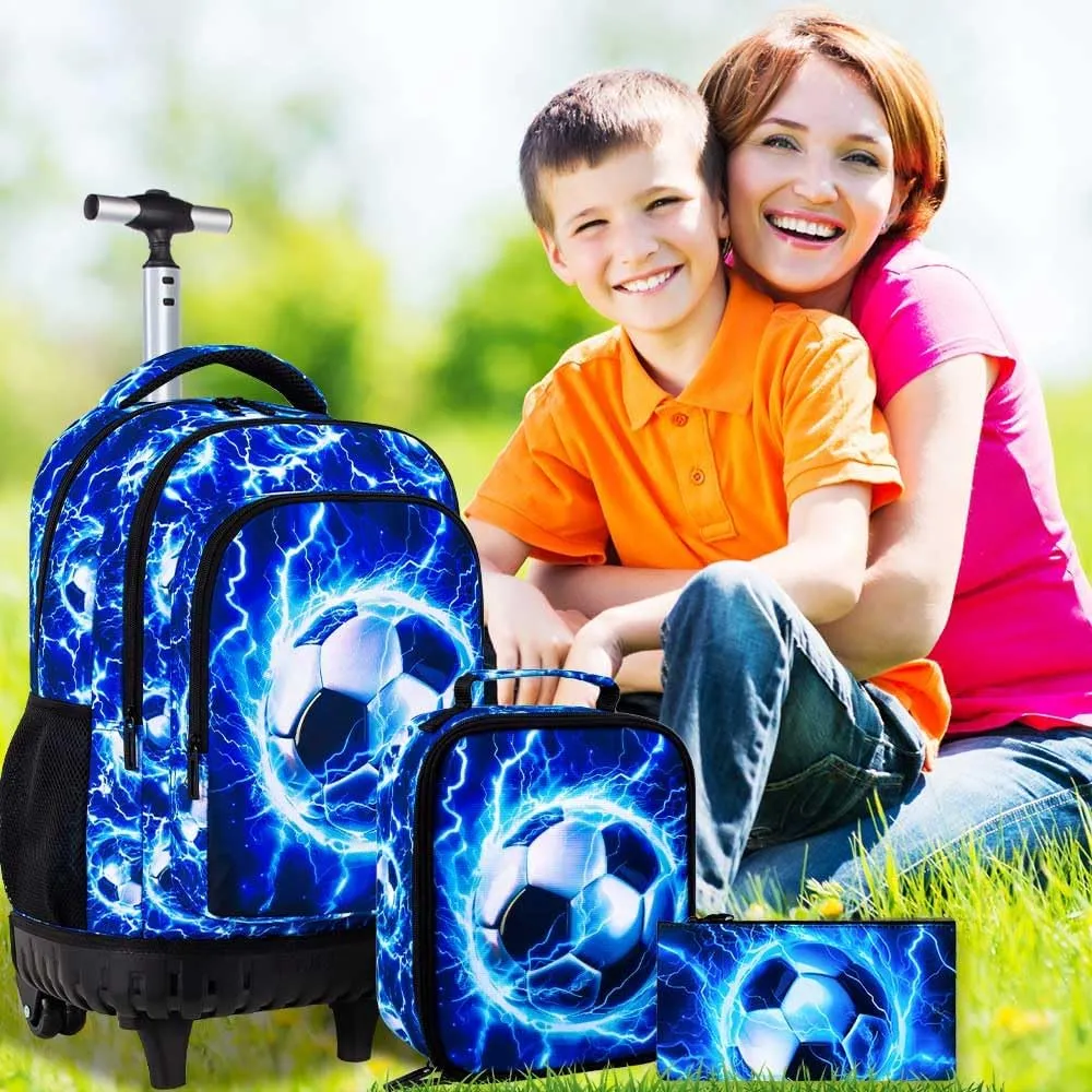 Rolling Backpack for Boys and Mens, 3PCS Roller Bookbag with Lunch Bag for Kids, Wheeled School Bag for Children - Lightning Soccer