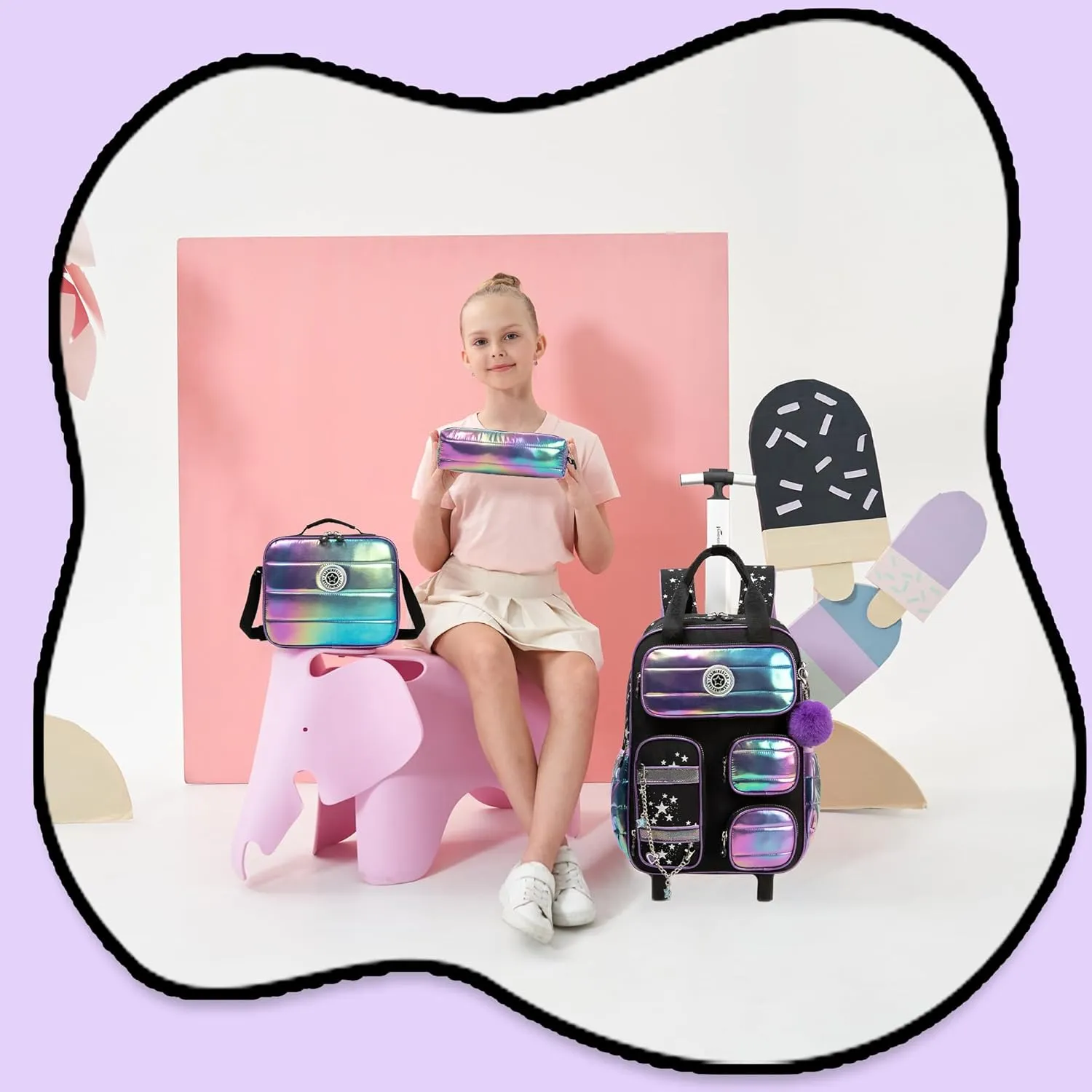 Rolling Backpack with Wheels for Girls Rolling Backpack with Lunch Bag and Pencil Case Set Kids Travel Luggage for Elementary School Girls Ages 5-12