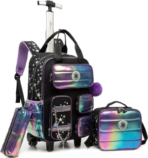 Rolling Backpack with Wheels for Girls Rolling Backpack with Lunch Bag and Pencil Case Set Kids Travel Luggage for Elementary School Girls Ages 5-12