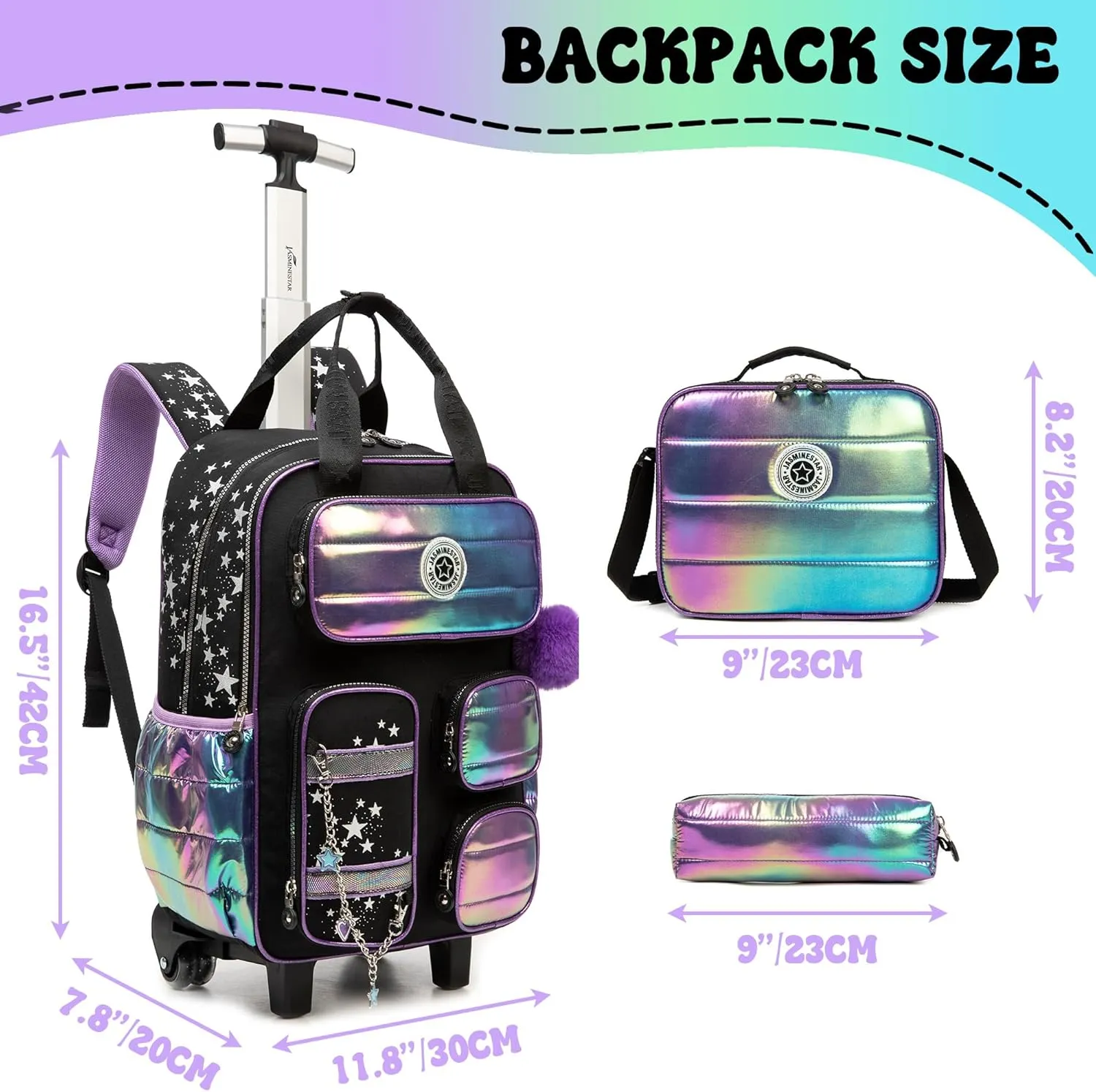 Rolling Backpack with Wheels for Girls Rolling Backpack with Lunch Bag and Pencil Case Set Kids Travel Luggage for Elementary School Girls Ages 5-12