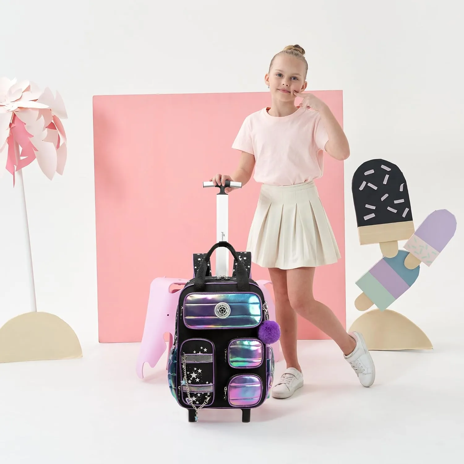 Rolling Backpack with Wheels for Girls Rolling Backpack with Lunch Bag and Pencil Case Set Kids Travel Luggage for Elementary School Girls Ages 5-12