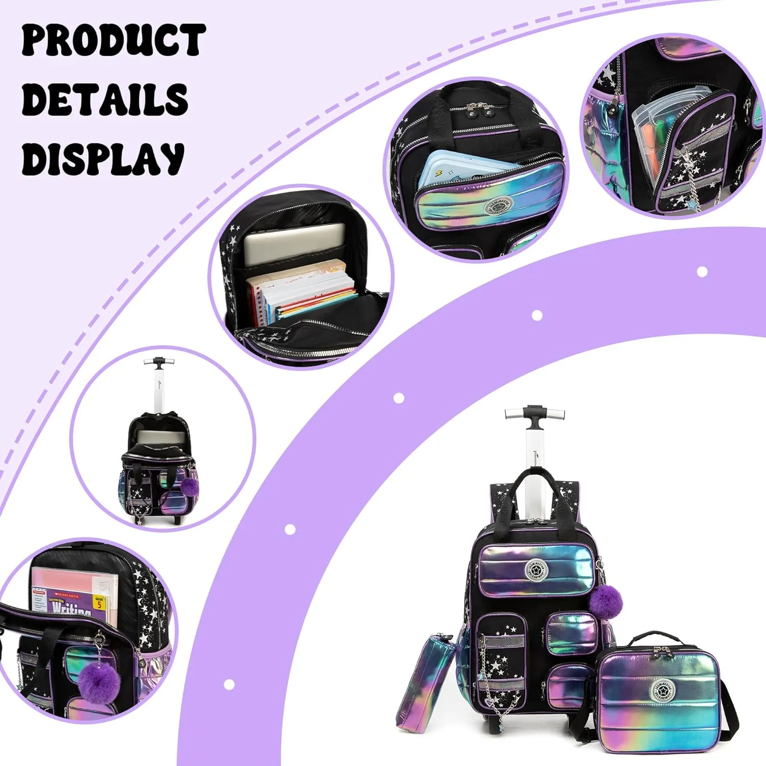 Rolling Backpack with Wheels for Girls Rolling Backpack with Lunch Bag and Pencil Case Set Kids Travel Luggage for Elementary School Girls Ages 5-12