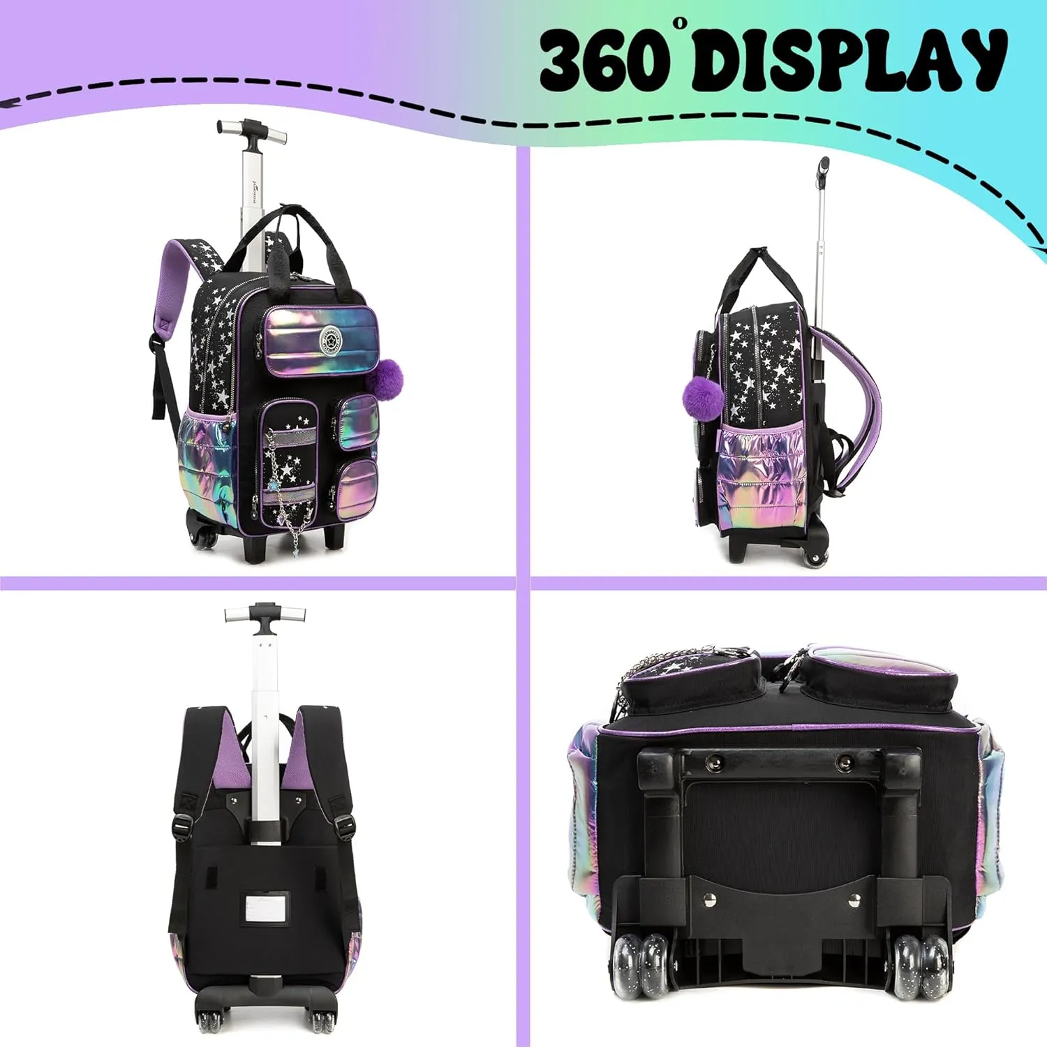 Rolling Backpack with Wheels for Girls Rolling Backpack with Lunch Bag and Pencil Case Set Kids Travel Luggage for Elementary School Girls Ages 5-12