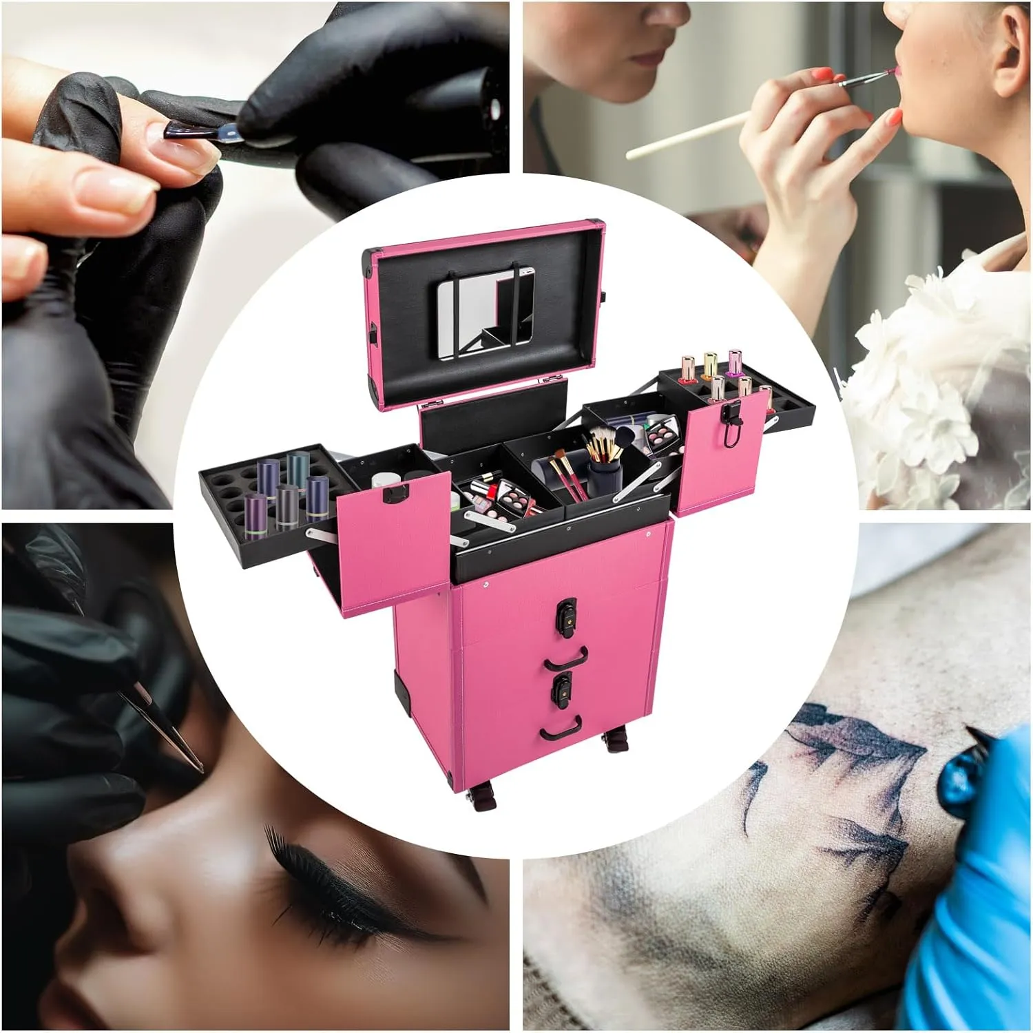 Rolling Case, Professional Makeup Train Case Rolling Makeup Case, Professional Cosmetology Trolley,Makeup Case with Lighted Mirror (Rose)