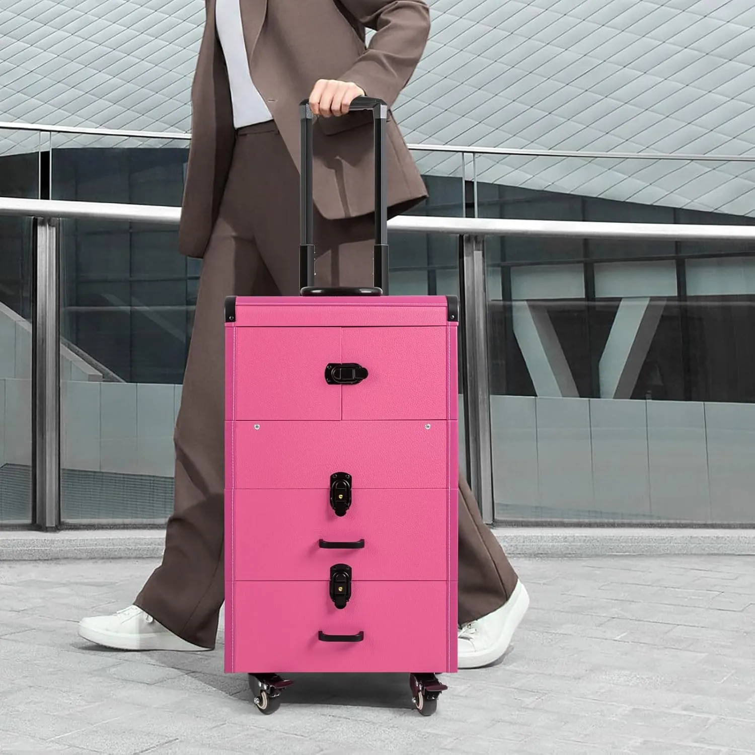 Rolling Case, Professional Makeup Train Case Rolling Makeup Case, Professional Cosmetology Trolley,Makeup Case with Lighted Mirror (Rose)