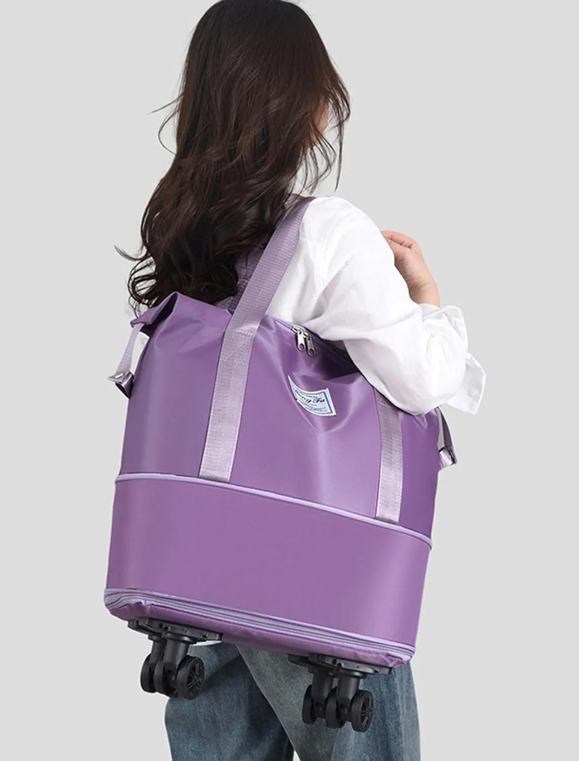 Rolling Duffel Bags with Wheels, Foldable Duffle Bag for Travel, Expandable Luggage Bag, Large Travel Duffle Bag with Detachable Wheels, Waterproof Weekend Bag for Outdoor Gym Travel (Light purple)