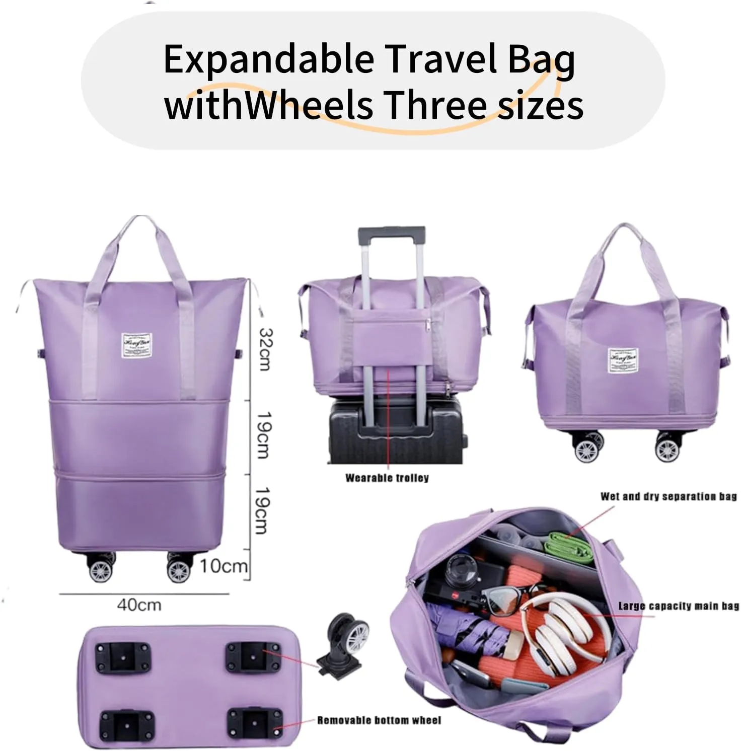 Rolling Duffel Bags with Wheels, Foldable Duffle Bag for Travel, Expandable Luggage Bag, Large Travel Duffle Bag with Detachable Wheels, Waterproof Weekend Bag for Outdoor Gym Travel (Light purple)