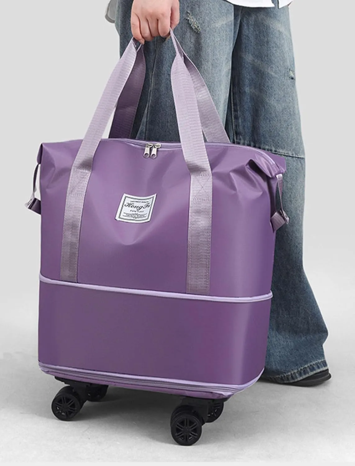 Rolling Duffel Bags with Wheels, Foldable Duffle Bag for Travel, Expandable Luggage Bag, Large Travel Duffle Bag with Detachable Wheels, Waterproof Weekend Bag for Outdoor Gym Travel (Light purple)