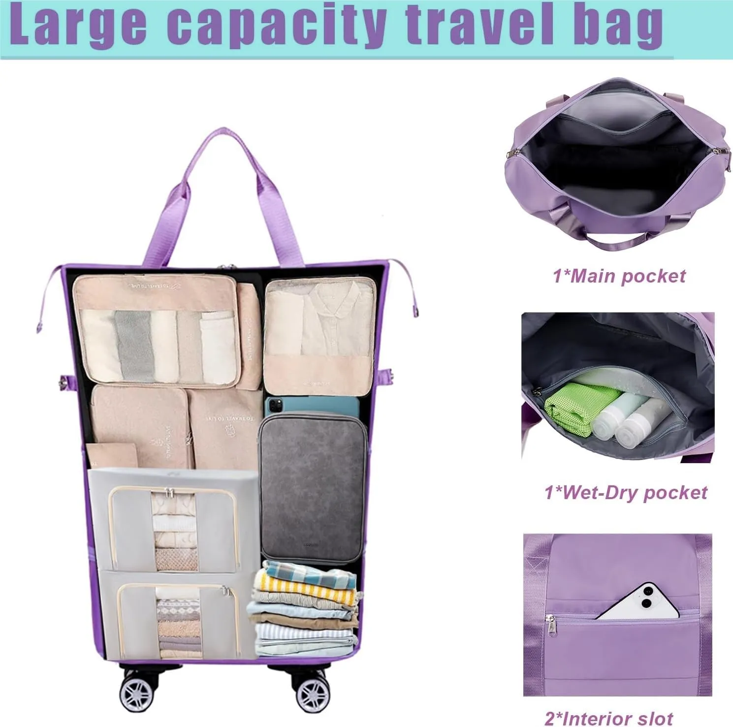 Rolling Duffel Bags with Wheels, Foldable Duffle Bag for Travel, Expandable Luggage Bag, Large Travel Duffle Bag with Detachable Wheels, Waterproof Weekend Bag for Outdoor Gym Travel (Light purple)