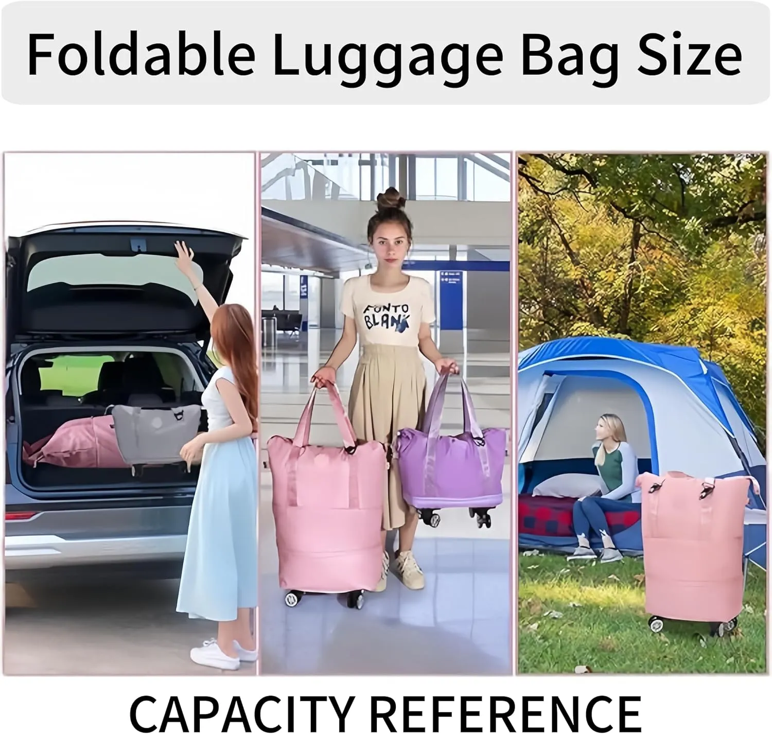 Rolling Duffel Bags with Wheels, Foldable Duffle Bag for Travel, Expandable Luggage Bag, Large Travel Duffle Bag with Detachable Wheels, Waterproof Weekend Bag for Outdoor Gym Travel (Light purple)