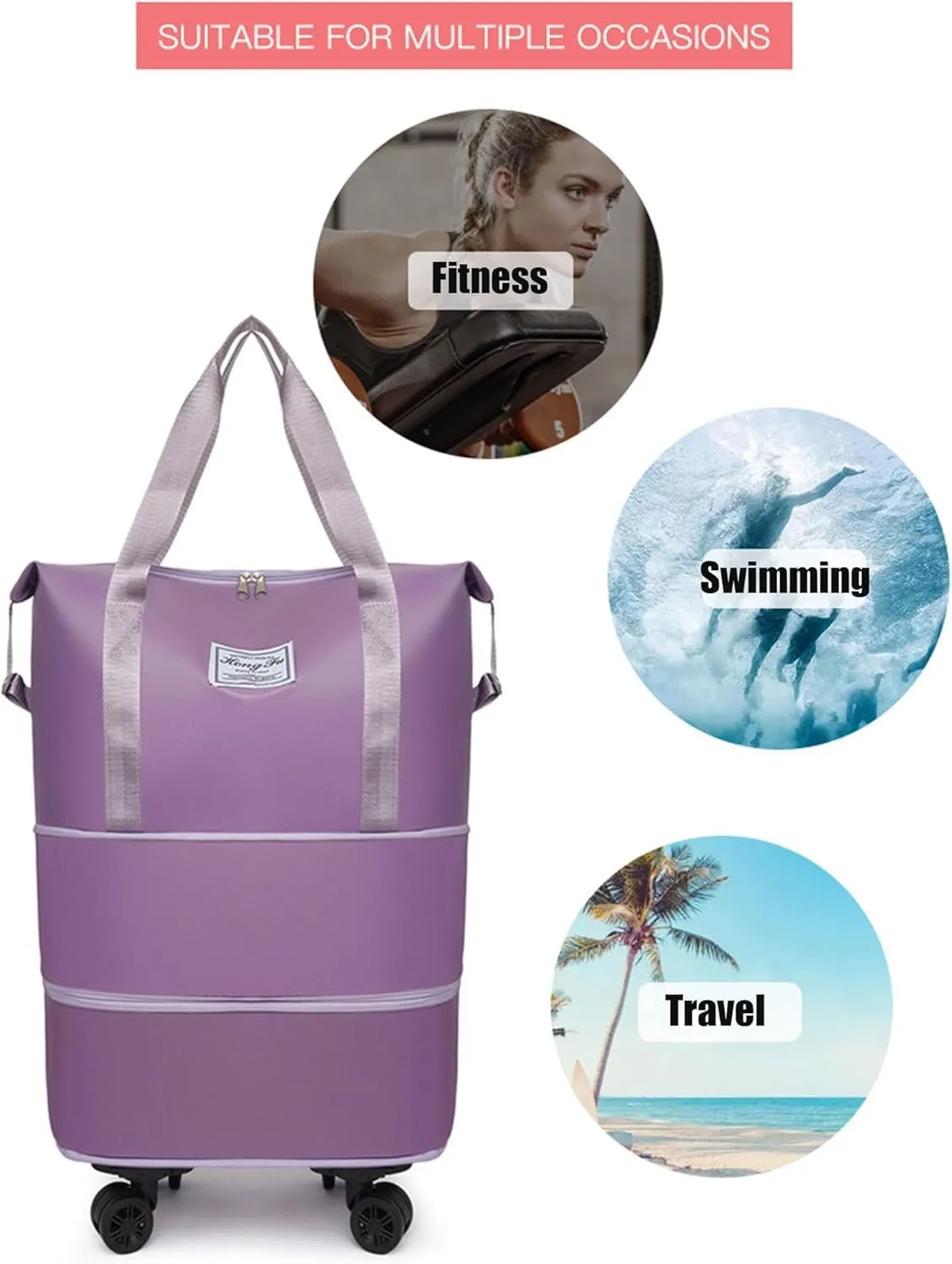 Rolling Duffel Bags with Wheels, Foldable Duffle Bag for Travel, Expandable Luggage Bag, Large Travel Duffle Bag with Detachable Wheels, Waterproof Weekend Bag for Outdoor Gym Travel (Light purple)